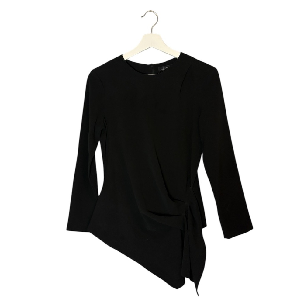 Zara Black Ruched Asymmetrical Hem Long Sleeve Blouse Top Size Small Whimsigoth